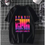 <mybhaju> Hawaii sunsets baju perempuan women men 100%cotton tshirt lengan pendek lelaki modern/Plus