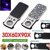 銀色 珠寶鑑定儀器 30倍 60倍 90倍 LED抽拉式珠寶古玩玉石鑑定放大鏡 便攜帶燈放大鏡