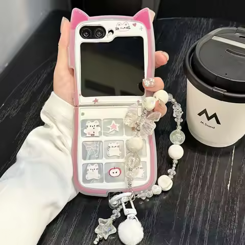 Cute Cartoon 3D Cat Ear Case for Samsung Galaxy Z Flip 3 4 5 6 7 5G Flip7 Flip6 Flip5 Protection Lov