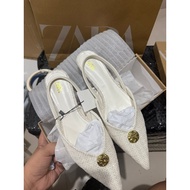 Tweed Slingback Pointed Flats with Gold Medallion