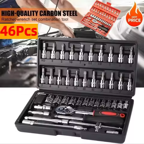 Hot 46Pcs 1/4" Drive Socket Wrench Set, Ratchet Screwdriver & Bit Kit, Carbon Steel, Auto Repair Han