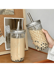 1入組/個，大容量耐熱玻璃杯，附有蓋和吸管珍珠奶茶杯咖啡杯果汁冷飲杯