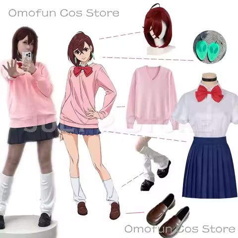 Dandadan Momo Ayase Cosplay Costume Wig Anime School JK Uniform Earrings Pink Sweater Skirt Hallowee