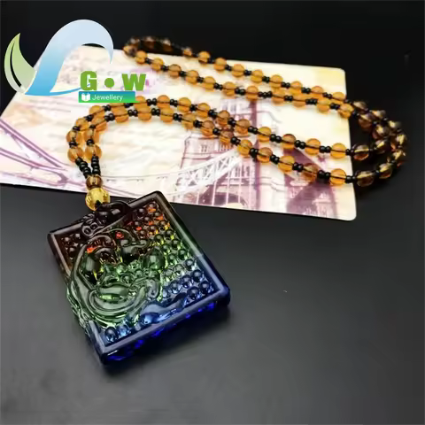 Ancient Style Tricolor Glass Pendant Mother Child Pixiu Fox Necklace Unisex Buddhist Guan Yin Jewelr