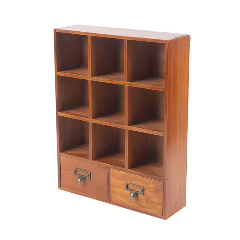 9 Cube Wooden Storage Organizer Shelf Vintage Bookcase Display Shelf with 2 Drawers, Bookshelf Float