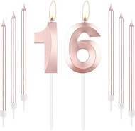 Rose Gold 16th Birthday Candles, Rose Gold Number 16 Candle, Rose Thin Long Candles, Birthday Candle