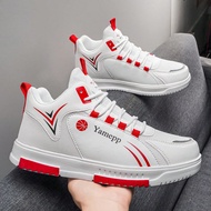 Men's Minimalist Fashion White & Red Mesh Patchwork High-Top Casual Sneakers, Outdoor Daily Basketba