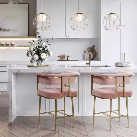 Modern Design Furniture Rectangle Seat Velvet Bar Stool Gold Stainless Steel Pink Bar Chair