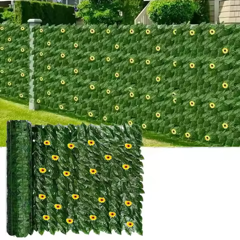 Green Artificial Ivy Privacy Fence Screen Outdoor With Sunflowers Artificial Grass Privacy Fence Scr