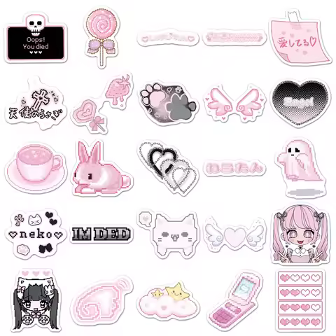 50PCS Pink Pixel Style Waterproof Japanese Girl Cute Object Stickers DIY Notebook Guitar Suitcase Mo