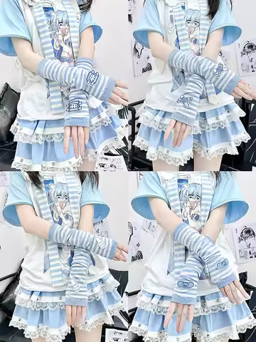 Fashion Striped Arm Warmers Y2K Lolita Knitted Female Wrist Hand Warmer Long Fingerless Gloves Mitte