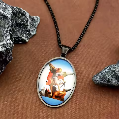 Archangel St.Michael Protect Us Glass Medal Pendant Necklace for Women Men Stainless Steel Gold Colo