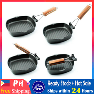 Non-Stick Cast Iron Steak Frying Pan Folding Wooden Handle Striped Square Grill/Fry Pan