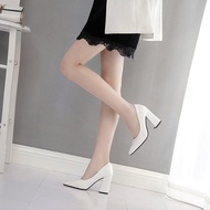 High Heels White Women Thick Heel 7-9cm Pointed Toe Shallow Mouth Glossy Work Professional Small Fre