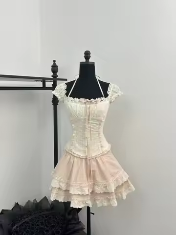 2026 Summer Beach Fairy Vacation 2000s Rave Outfits Women Elegant 2 Piece Set Gyaru Coquette Lace Ha