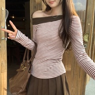 95115 Contrast Color Stitching Diagonal Collar Off-the-Shoulder Stri