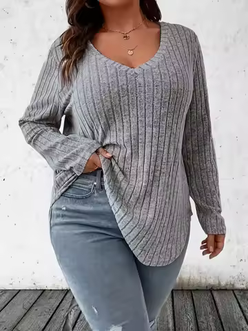 Plus Size 1XL-5XL Women's Casual Fashion V Neck Long Sleeve T-Shirt LadiesWomen's Plus Size Solid Ri