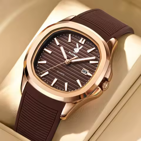 PLAYBOY Mens Watch Square Quartz Watch Silicone Strap Casual Business Date Wristwatch Luxury Fashion