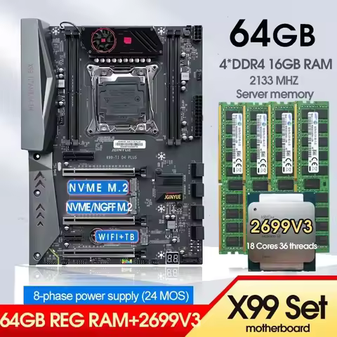 JINGYUE X99TI D4 Kit Motherboard With E5 2699 V3 Processor CPU LGA 2011-3 64GB (4*16) DDR4 ECC Memor