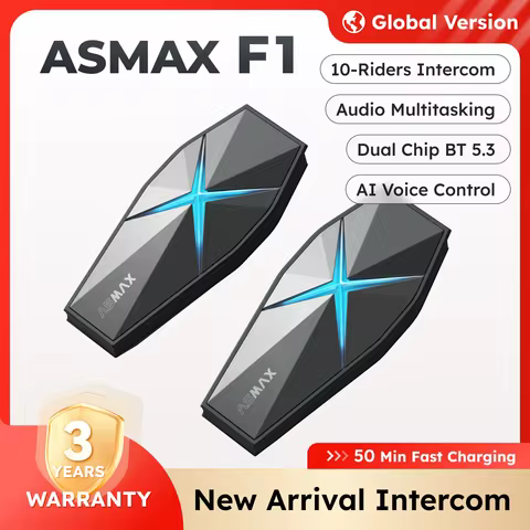ASMAX F1 Motorcycle Helmet Bluetooth Stereo Intercom, 10 Riders Communication, BT5.3 IP67 Waterproof