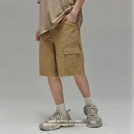 廢土風卡其色工裝短褲 男士複古五分褲