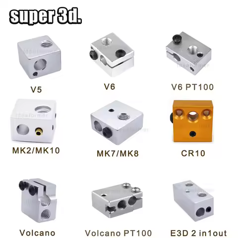 V5 V6 Heated Block Brass Aluminium Heating Blocks For E3D MK7 MK8 MK10 Volcano PT100 J-head Hotend H