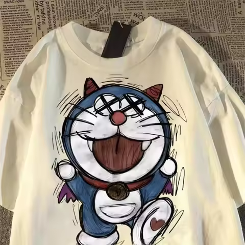 New Pure Cotton Japanese Cartoon Little Devil Doraemon T-shirt Short Sleeved Couple's Casual Loose S