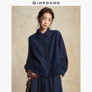 GIORDANO Women Shirts Doll Collar Sweet Gentle Denim Shirts Ruffle Hem Long Sleeve Fashion Casual Lo