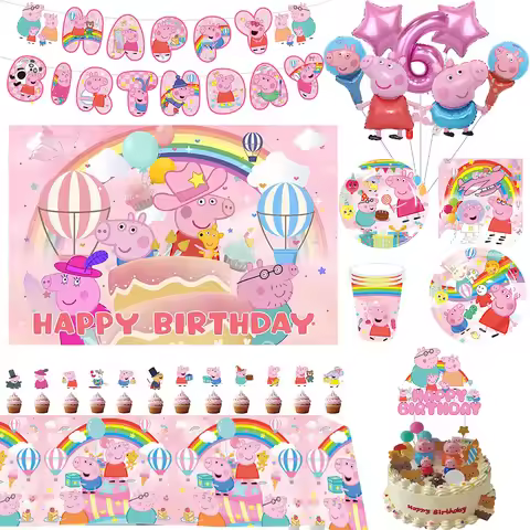 Cartoon Pink Peppa Pig Birthday Party Decoration Balloon Kit George Pig Party Supplies Plates Kids B