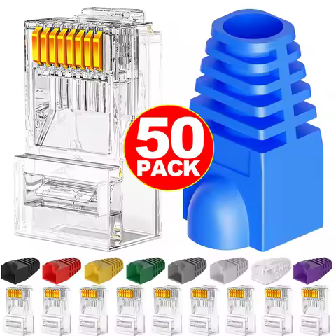 RJ45 Connectors with Strain Relief Boots Cat6 Cat5e Ethernet Cables Modular Plug Gold Plated for Sol