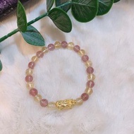 現貨999足金貔貅襯6mm天然草莓晶+6MM天然黃水晶