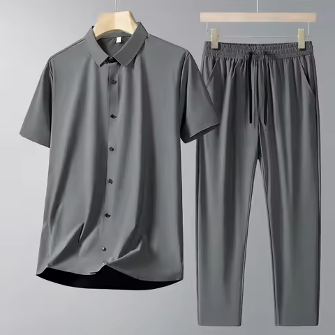Men Short Sleeve Shirt Casual Sport Outfit For Middle Aged Dad Bamboo Fiber Polo Shirt And Pants Two