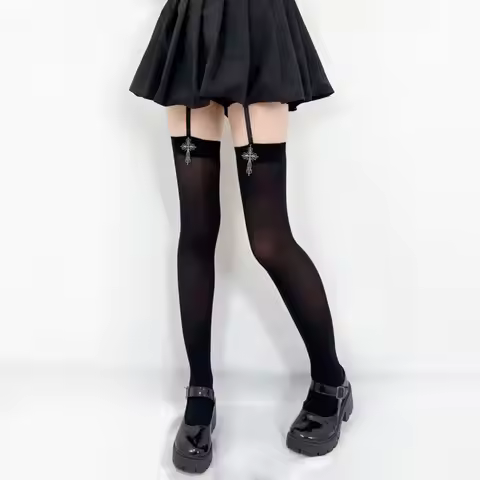 1/2pairs Gothic Cross Decoration Tight for Women Stockings Solid Color Thin Thigh High Lolita Over K