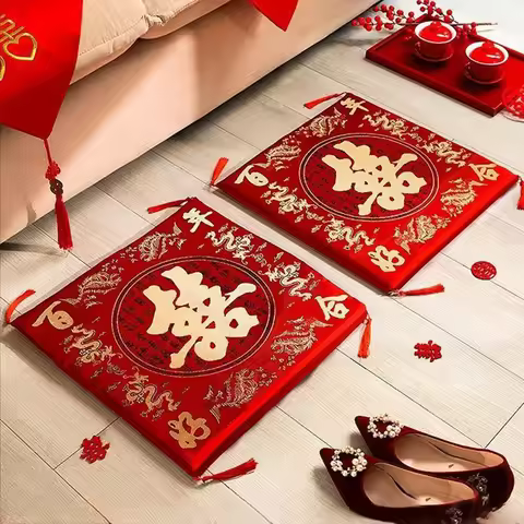 42cm 2pc Chinese Wedding Cushion Tea Ceremony Red Double Happiness Dragon Phoenix Kneeling Pad Weddi