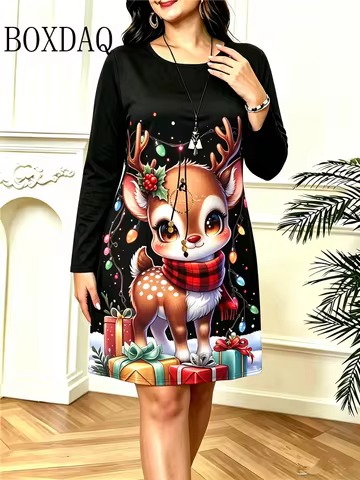 Women'S Christmas Dresses For Autumn Winter 2027 Long Sleeve Dress Loose Casual Cute Christmas Snowm