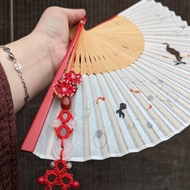 吊墜流蘇穗子掛飾扇墜玉髓瑪瑙配珠摺扇云中的鶴暗紅版