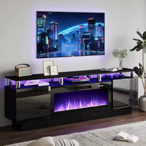 70" Modern TV Stand with 36" Electric Fireplace, LED Lights, High Gloss Cabinet for TVs Up to 80 Inc