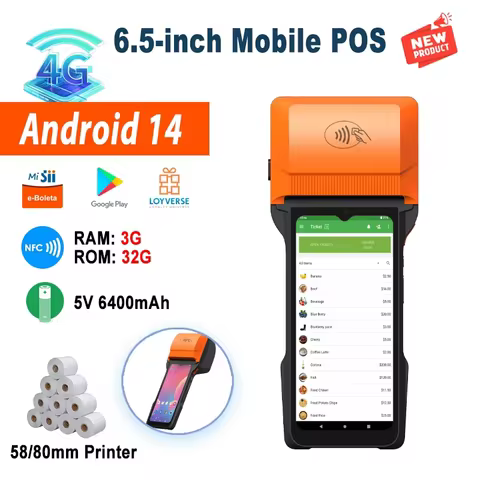 6.5 inch Android 14 POS with 80mm Label & Thermal Printer Loyverse Desktop POS 4G WIFI Network 2D Sc