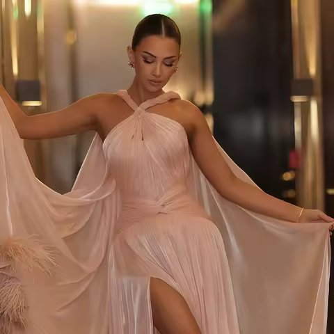 Sharon Said Elegant Pink Chiffon Evening Dress Halter Neck with Feather Cape Sleeves Women Wedding P