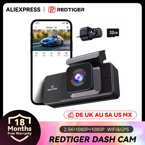 REDTIGER A3 3 Cameras Front/Cabin/Rear Cam Dash Cam Dash Camera Built-in 5.8Ghz WiFi GPS Car DVR Nig