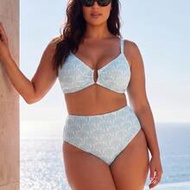 Plus Size Sky Blue Tile Palm Print Bikini Set With Gold Hardware