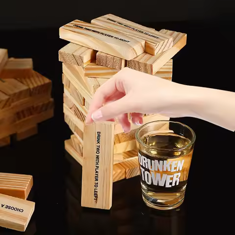 Wooden Stacking Drinking Game Set With 60 Printed Challenge Blocks + 4 Shot Glasses For Adult Party 
