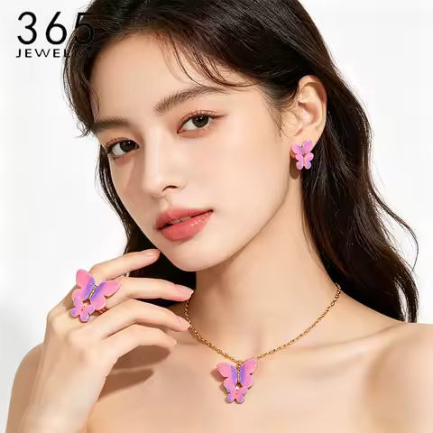 365 Sweet Pink Purple Gradient Enamel Butterfly Stainless Steel Necklace Earrings Ring for Women Gir