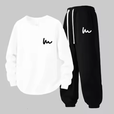 Men Hong Kong Style Tracksuit Winter Crew Neck Graphic Sweatshirt Jogger Pants Two Piece Set M 4XL