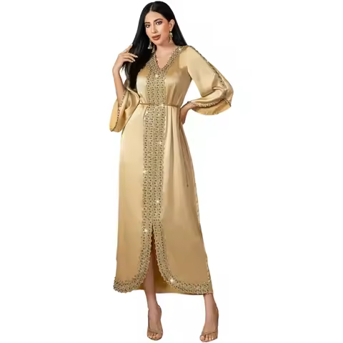 N7YF Fashion Long Sleeve Muslims Long Dresses Kaftan Abaya Ramadans Robes Women's Moroccan Evening G
