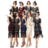 Women 1920s Vintage Fringe Evening Dress Beaded Party Gown European American Style Glamorous Roaring