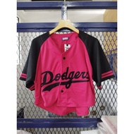 DODGERS PINK Women's CROP TOP BASEBALL JERSEY with Black Sleeves