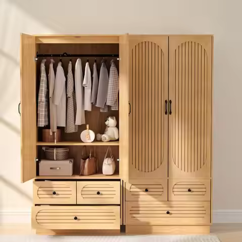 Wood Armoire Wardrobe Closet with Doors, Fluted Wardrobe Cabinet with 3 Drawers, Large Armoire Close