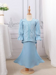 Kebaya Modern Kanak Kanak Lace Premium Baju Raya Budak Perempuan 2026 Pastel Lilac Sage Green Girl K