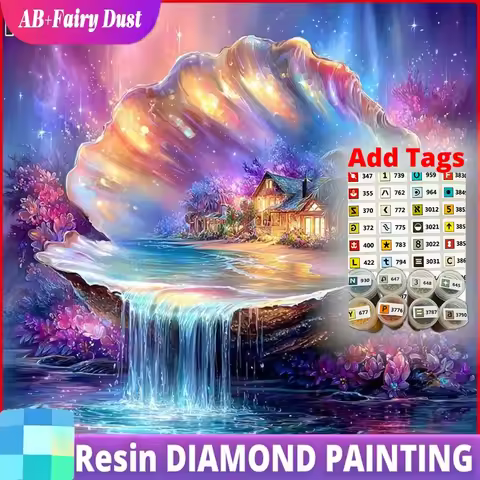 Resin AB Fairy Dust Full Diamond Painting Shell Waterfall House Diamond Embroidery Landscape Complet